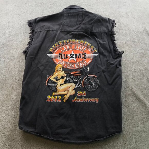Biker Design Mens Shirt Large Graphic Prinnt Top Gray Sleeveless Button Up Y2K - Picture 9 of 9